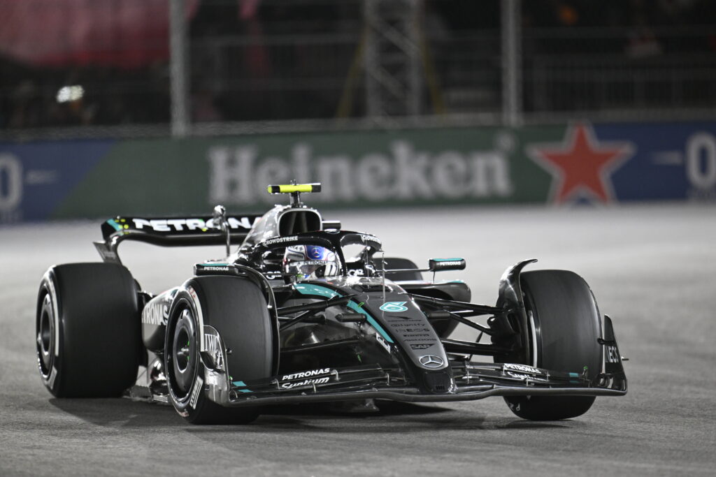 Mercedes driver Andrea Kimi Antonelli racing at the 2025 Formula 1 Las Vegas Grand Prix