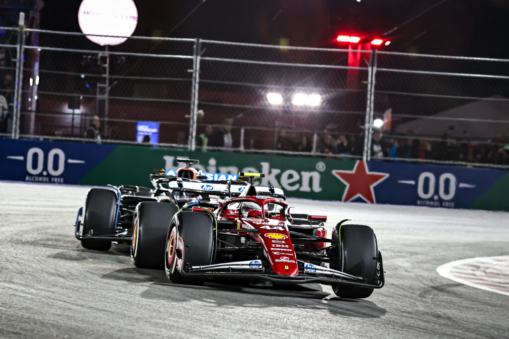 Ferrari driver Lewis Hamilton racing at the 2025 Formula 1 Las Vegas Grand Prix