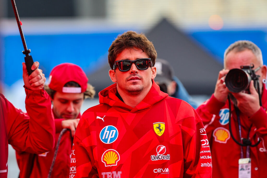 Ferrari driver Charles Leclerc walks in the paddock at the 2025 Las Vegas Grand Prix