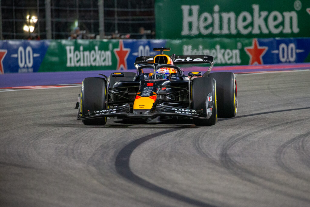 Red Bull driver Max Verstappen racing at the 2025 Formula 1 Las Vegas Grand Prix