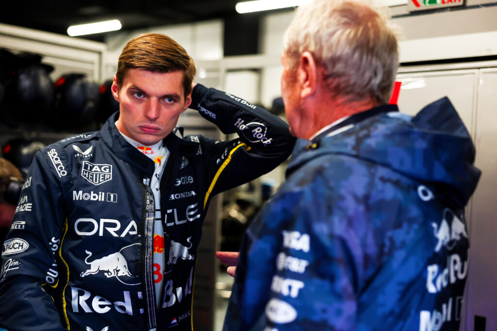 Max Verstappen speaks to Red Bull motorsport adviser Helmut Marko in the garage during practice at the 2025 F1 Las Vegas Grand Prix