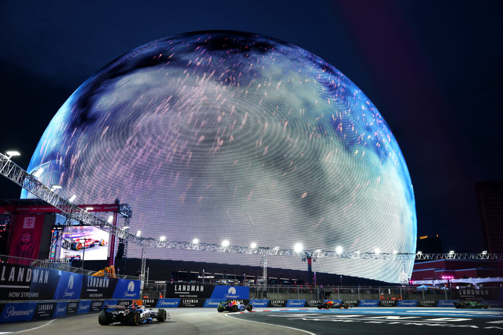 Red Bull driver Yuki Tsunoda on track with Racing Bull's Liam Lawson during practice at the 2025 F1 Las Vegas Grand Prix