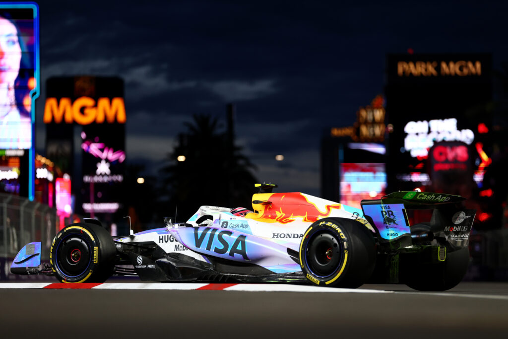 Racing Bulls driver Liam Lawson on track during the 2025 F1 Las Vegas Grand Prix