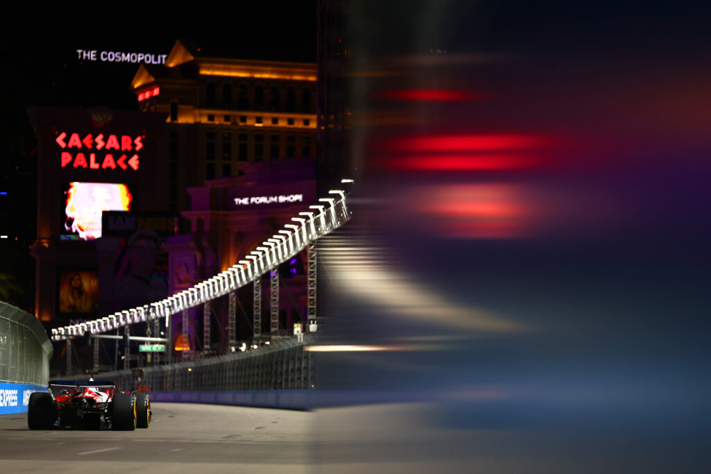 Ferrari driver Charles Leclerc on track during practice at the 2025 F1 Las Vegas Grand Prix