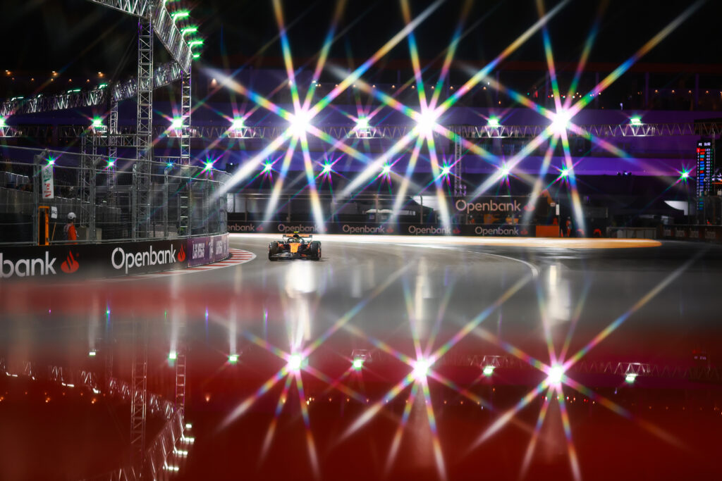 McLaren driver Lando Norris on track during practice at the 2025 F1 Las Vegas Grand Prix as the lights sparkle around the track