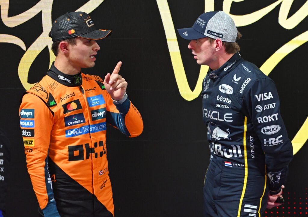 Lando Norris speaks to Max Verstappen after qualifying at the 2025 Las Vegas Grand Prix
