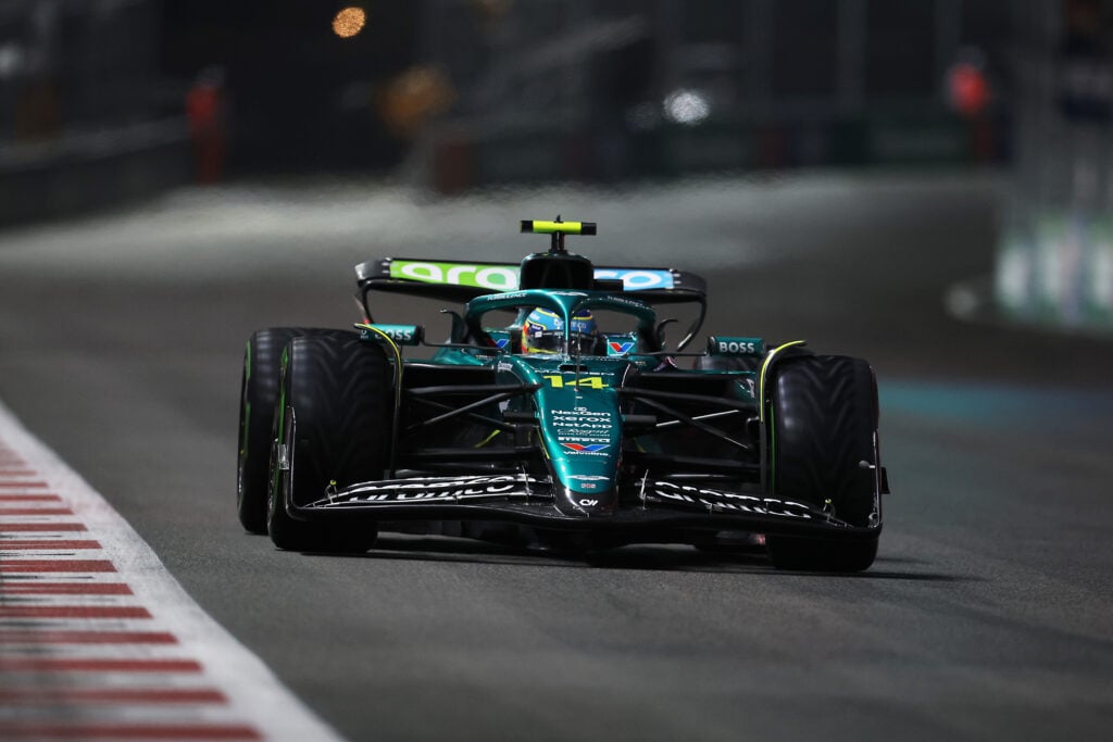 Aston Martin driver Fernando Alonso during qualifying at the 2025 Las Vegas Grand Prix