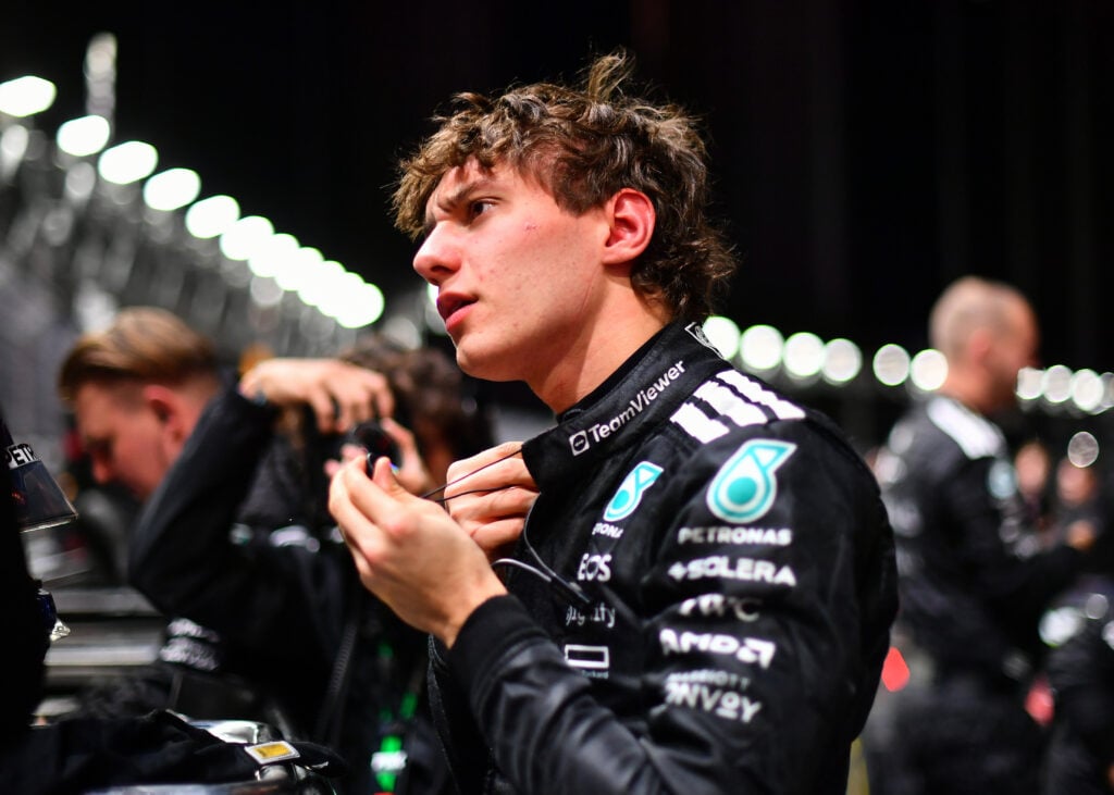Mercedes driver Andrea. Kimi Antonelli giving a questioning look at the 2025 Formula 1 Las Vegas Grand Prix
