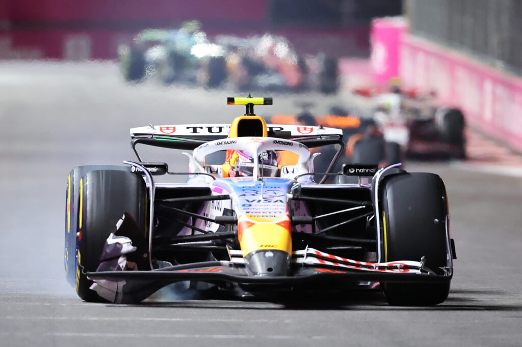 Racing Bulls driver Liam Lawson locking a brake at the 2025 Formula 1 Las Vegas Grand Prix