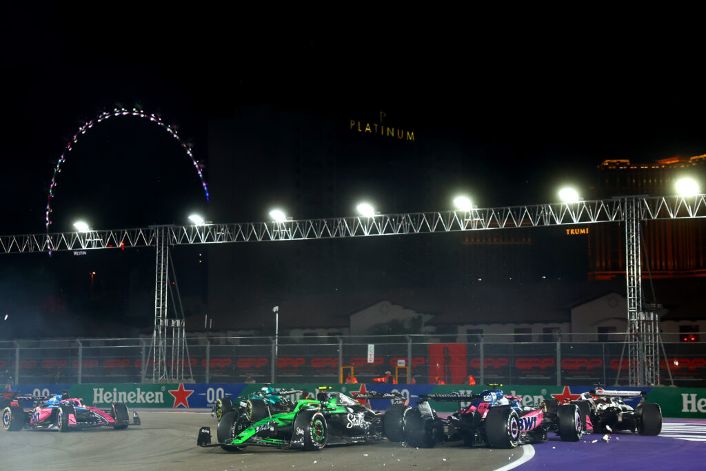 The aftermath of Gabriel Bortoleto's crash with Lance Stroll at the 2025 Las Vegas Grand Prix.