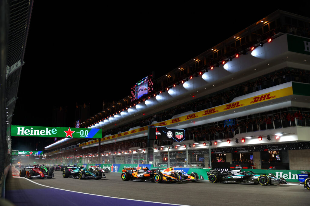 Mercedes' George Russell leads McLaren's Oscar Piastri at the start of the 2025 F1 Las Vegas Grand Prix