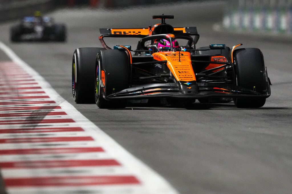 McLaren driver Oscar Piastri racing at the 2025 Formula 1 Las Vegas Grand Prix