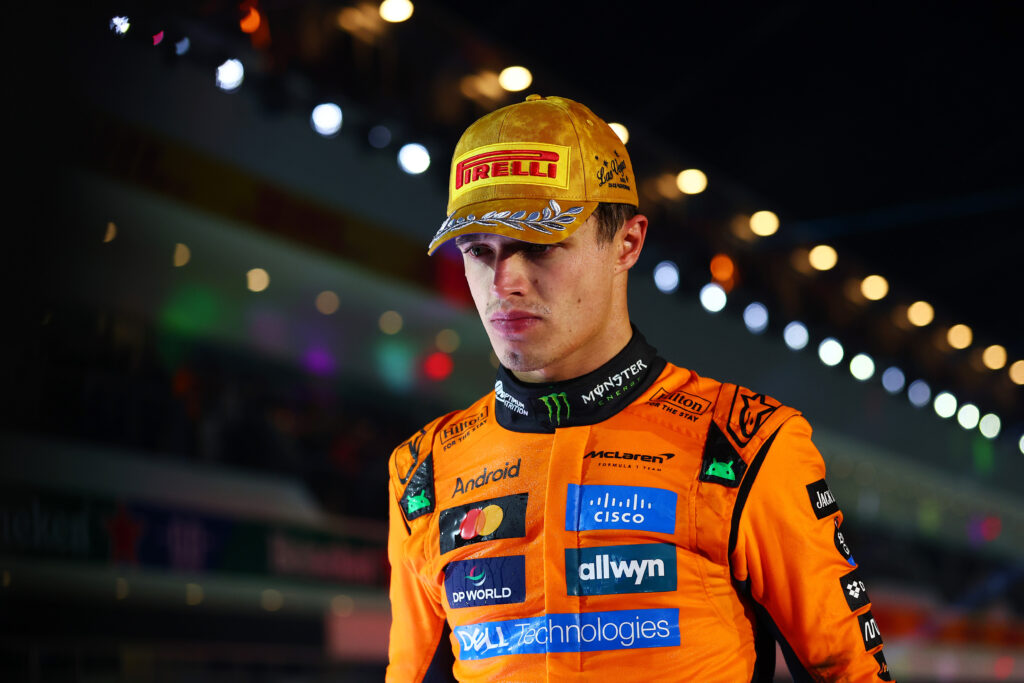 McLaren driver Lando Norris walking off the podium at the 2025 Formula 1 Las Vegas Grand Prix