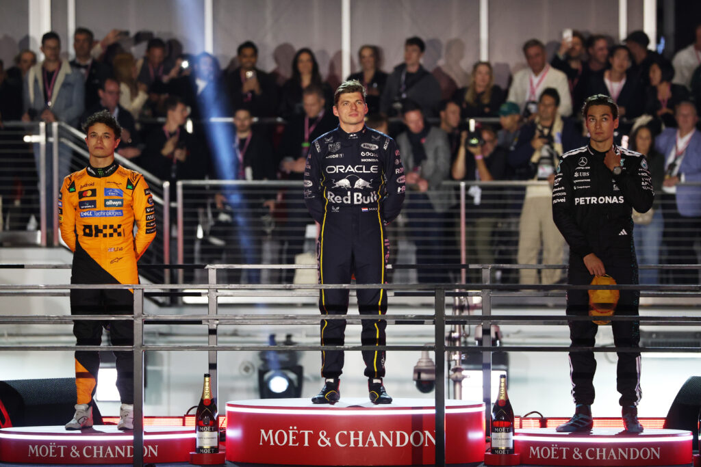 Max Verstappen, Lando Norris and George Russell on the podium at the 2025 Formula 1 Las Vegas Grand Prix