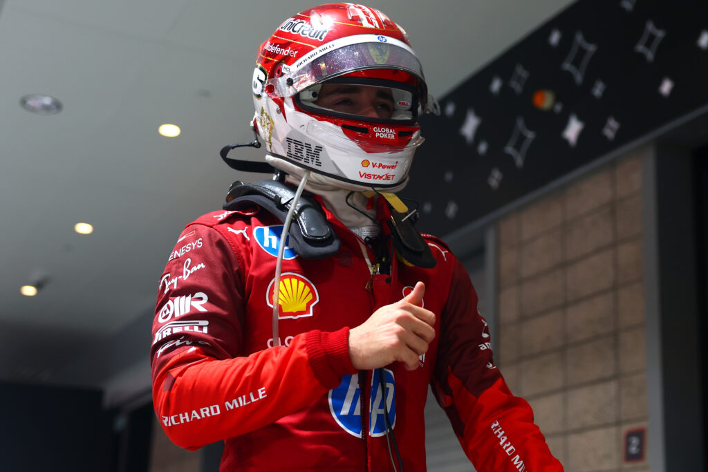 Ferrari driver Charles Leclerc giving a thumbs up at the 2025 Formula 1 Las Vegas Grand Prix