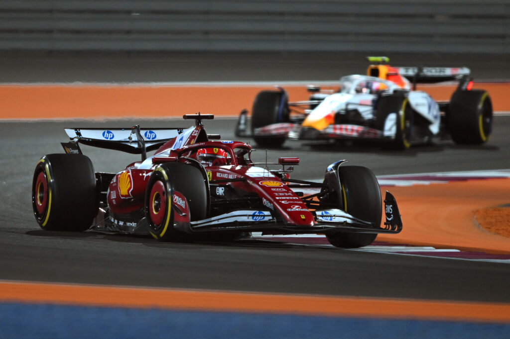 Ferrari driver Charles Leclerc leads Racing Bulls' Liam Lawson during the F1 Sprint at the 2025 Qatar Grand Prix
