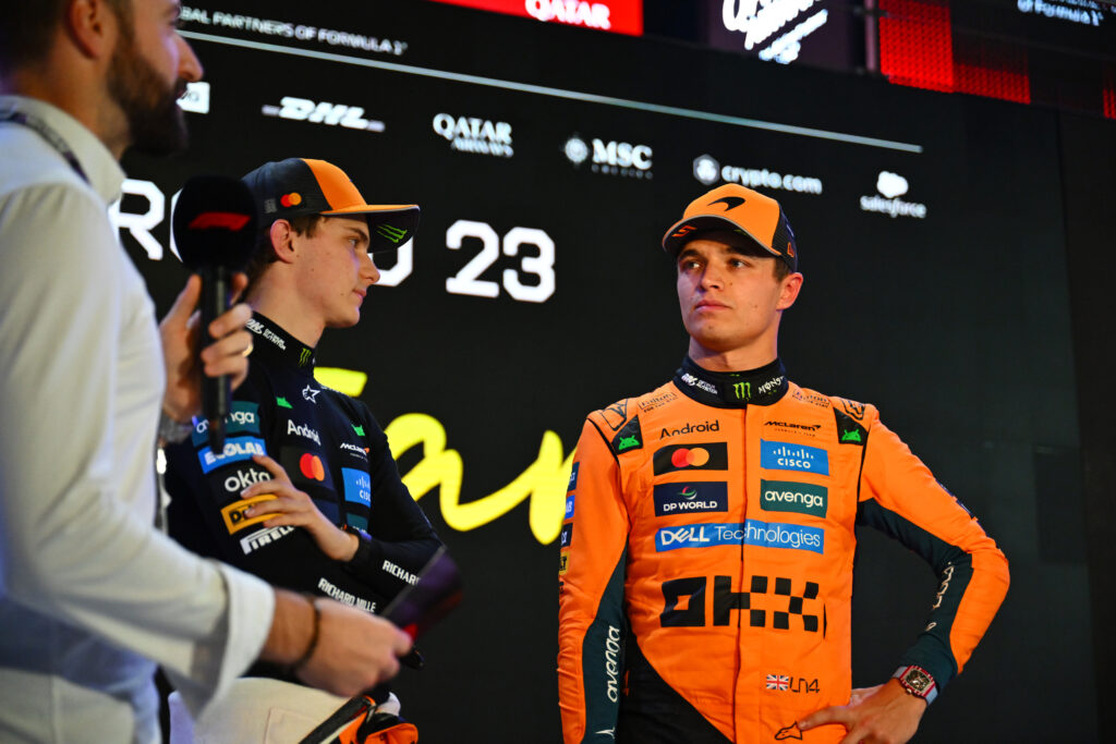 McLaren drivers Oscar Piastri and Lando Norris during the post-session qualifying interview at the 2025 F1 Qatar Grand Prix