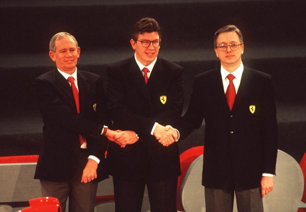 Ross Brawn, Rory Byrne and Paolo Martinelli at a Ferrari car launch