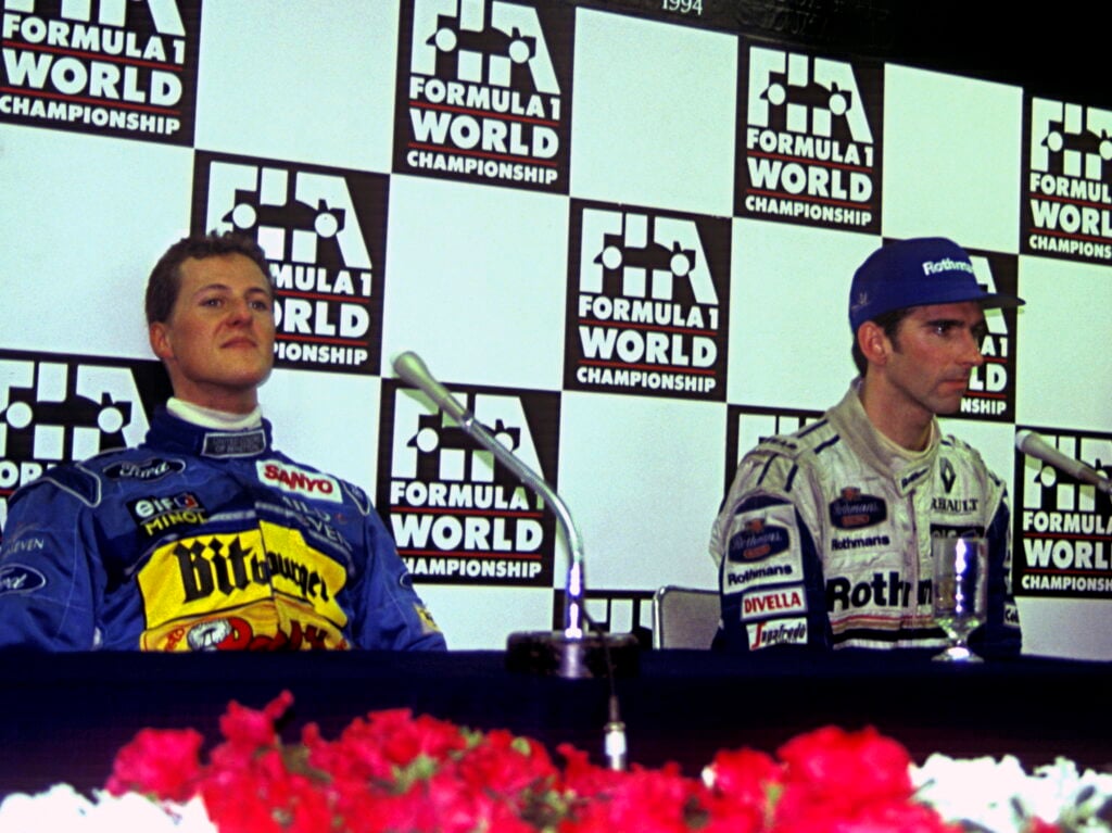 Michael Schumacher and Damon Hill speak in a press conference after the 1994 F1 title-deciding Australian Grand Prix