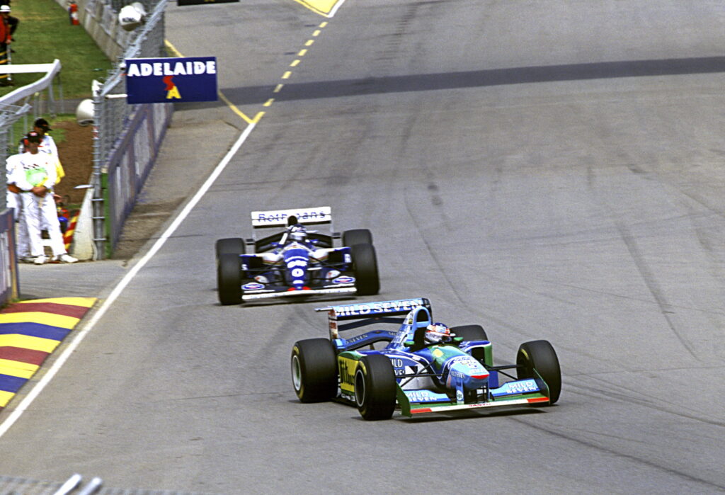 Benetton's Michael Schumacher leads Williams' Damon Hill on track during the 1994 F1 title-deciding Australian Grand Prix