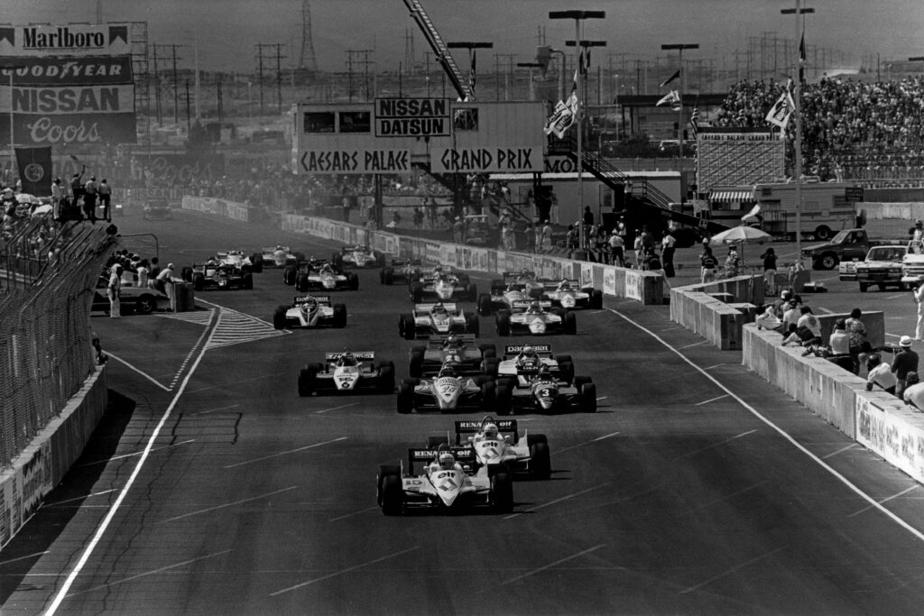 The F1 grid at the start of the 1982 Caesar's Palace Grand Prix.