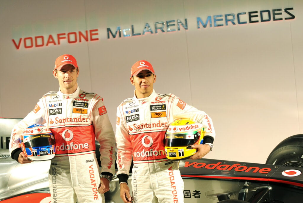 Jenson Button and Lewis Hamilton at the launch of the McLaren MP4-25 ahead of the 2010 F1 season