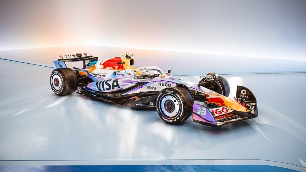 Angled side profile of the Racing Bulls F1 car with a metallic livery for the 2025 Las Vegas Grand Prix