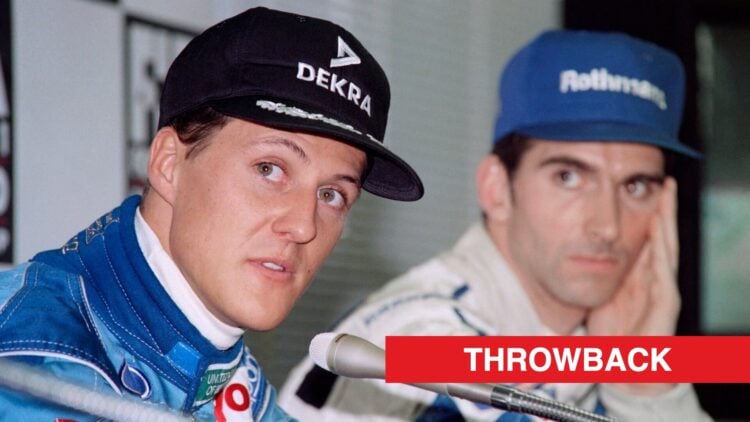 Michael Schumacher and Damon Hill look to the left of the image after the 1994 Japanese Grand Prix qualifying, with a throwback label on the bottom...