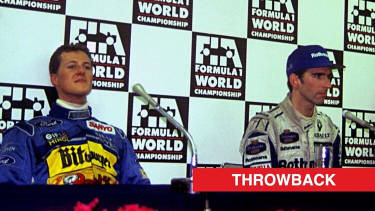 Michael Schumacher and Damon Hill speak in a press conference after the 1994 F1 title-deciding Australian Grand Prix