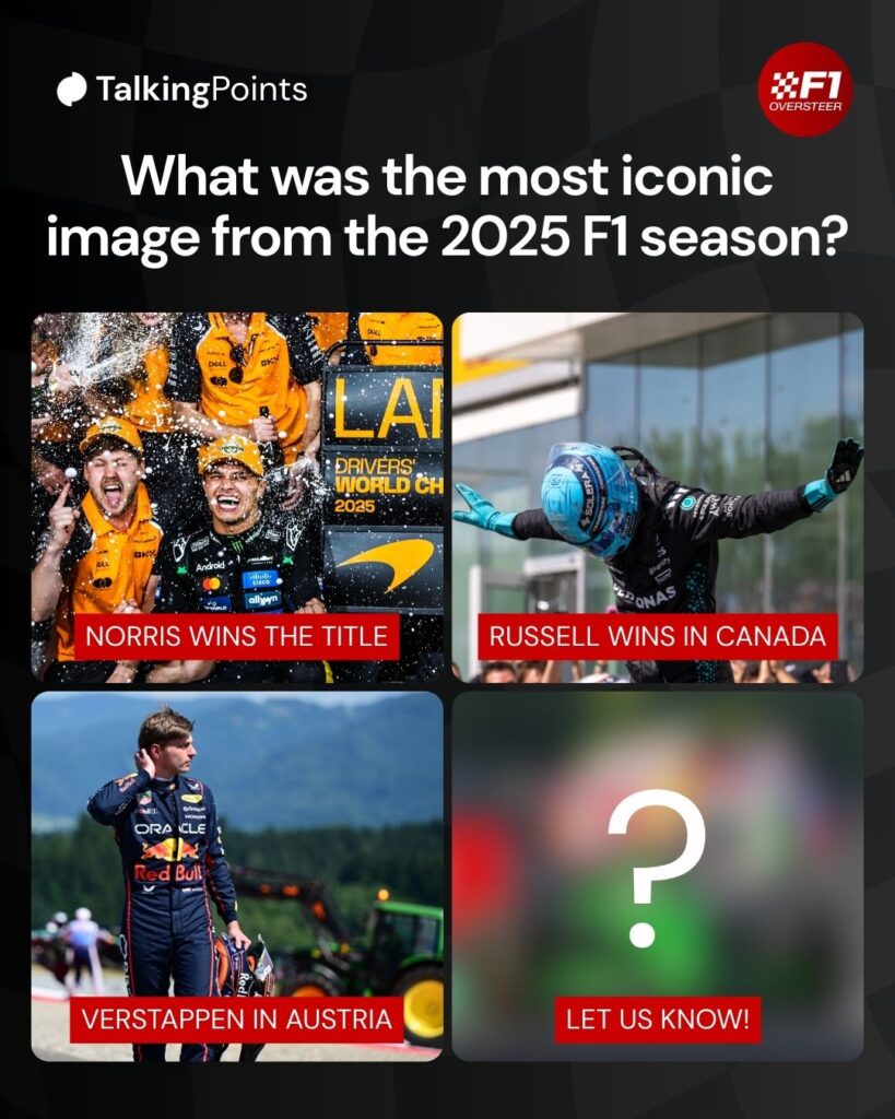 A compilation of images showing Lando Norris celebrating winning the 2025 F1 title, George Russell celebrating winning the Canadian Grand Prix, Max Verstappen after retiring from the Austrian Grand Prix and Gabriel Bortoleto on track at the Sao Paulo Grand Prix
