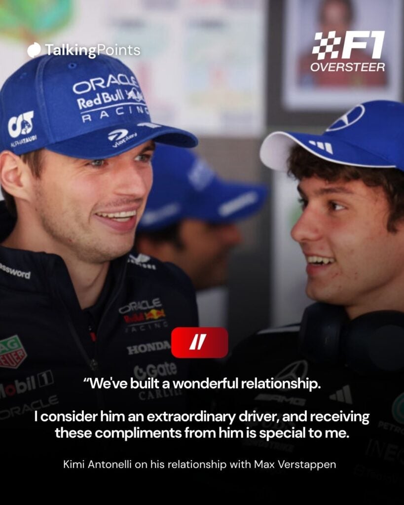 Red Bull driver Max Verstappen smiling with Mercedes driver Andrea Kimi Antonelli at the 2025 Formula 1 Sao Paulo Grand Prix