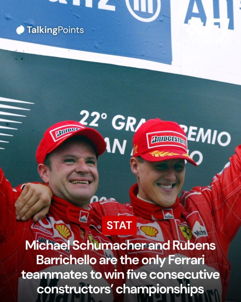 Rubens Barrichello and Michael Schumacher celebrating on the podium at the 2002 Formula 1 San Marino Grand Prix