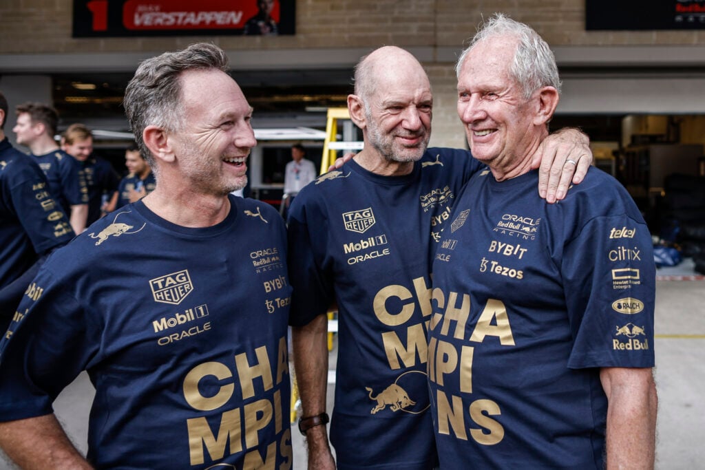 Christian Horner, Adrian Newey and Helmut Marko celebrate Red Bull winning the F1 title