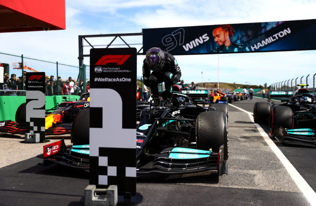 Lewis Hamilton celebrates after winning the 2021 F1 Portuguese Grand Prix