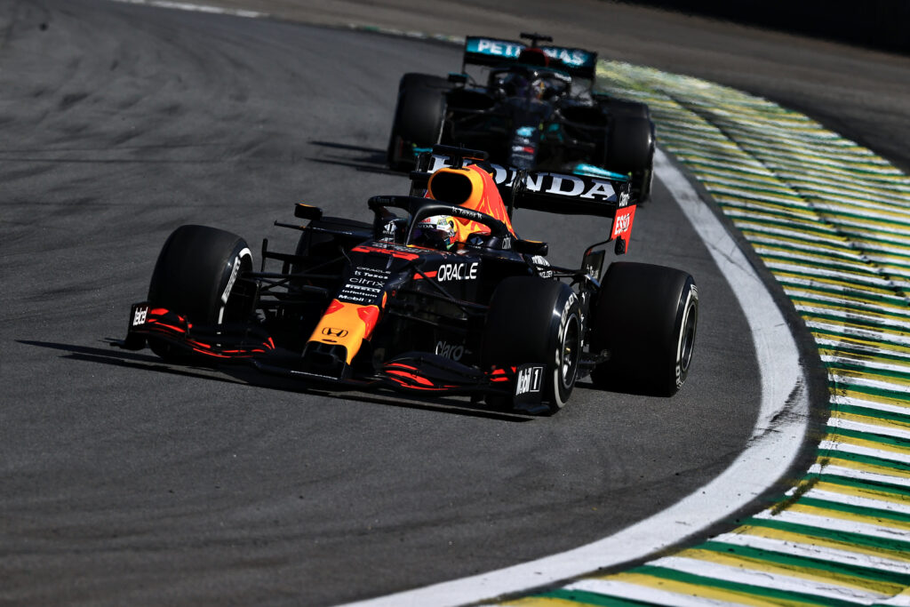 Max Verstappen and Lewis Hamilton racing at the 2021 Formula 1 Sao Paulo Grand Prix