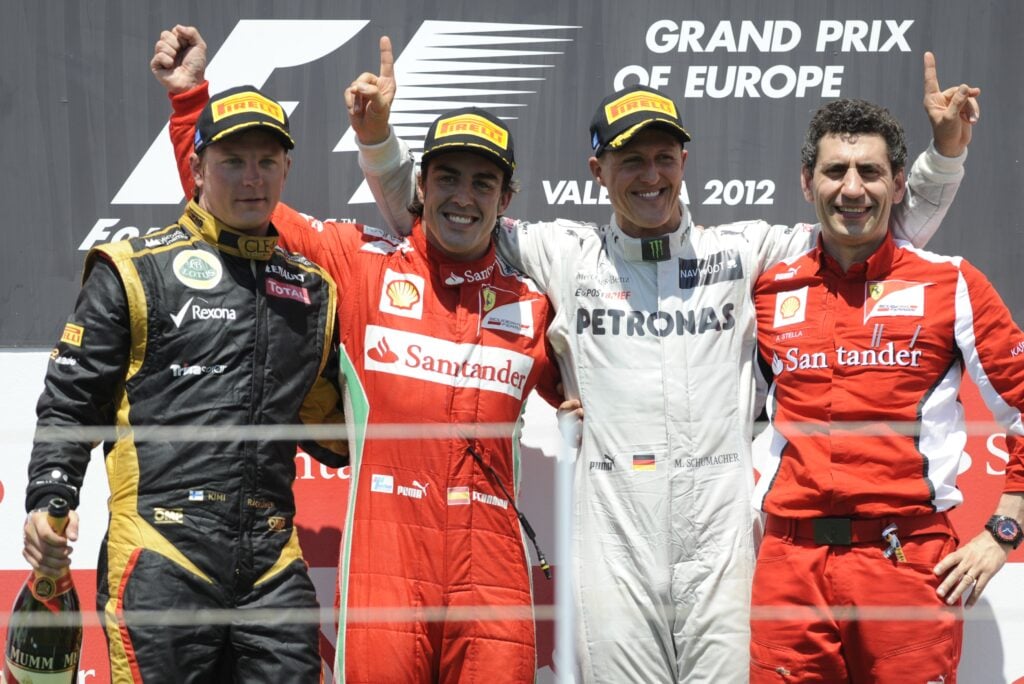 Kimi Raikkonen, Fernando Alonso, Michael Schumacher on the podium at the 2012 European Grand Prix