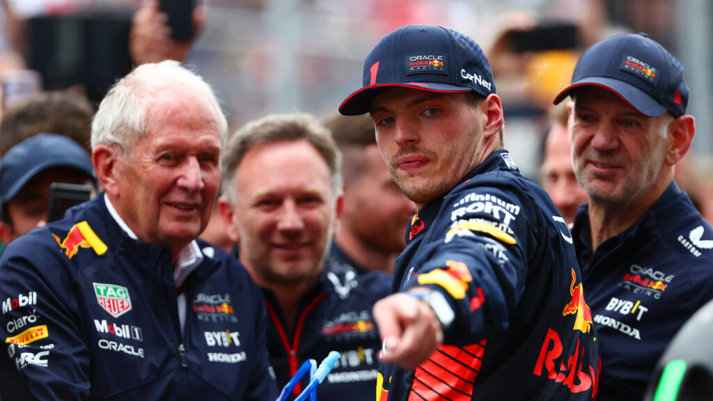 Helmut Marko, Christian Horner, Max Verstappen and Adrian Newey speak after the 2023 F1 Canadian Grand Prix