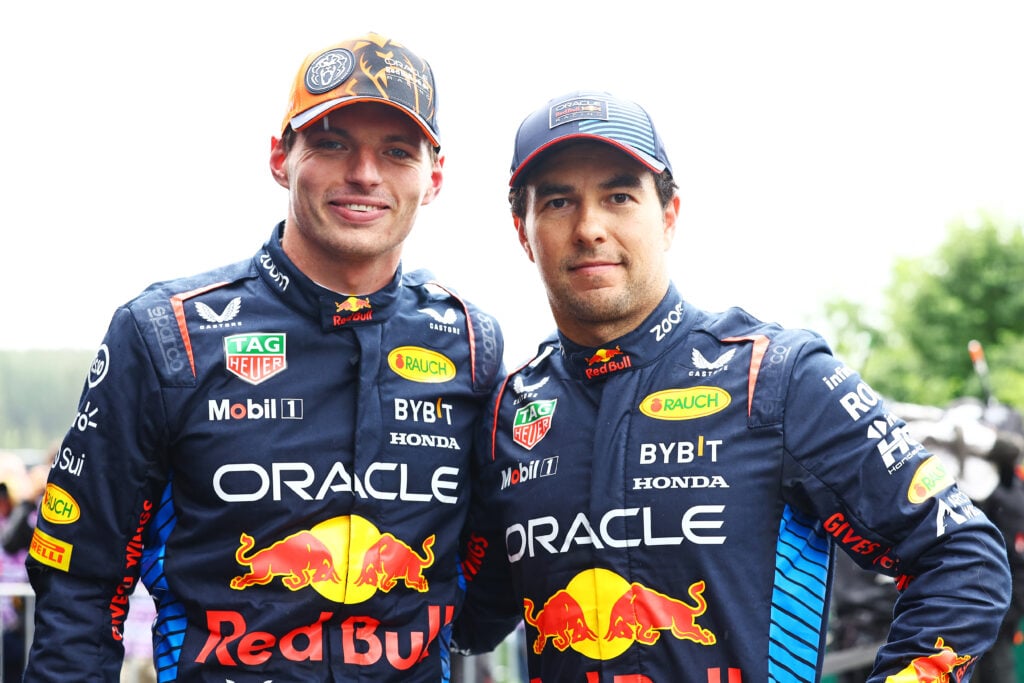Max Verstappen and Sergio Perez pose for a photo ahead of the 2024 Belgian GP