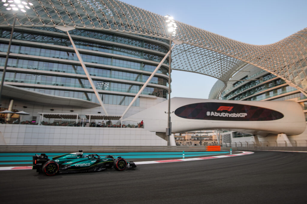Jak Crawford tests the Aston Martin F1 car around the Yas Marina Circuit