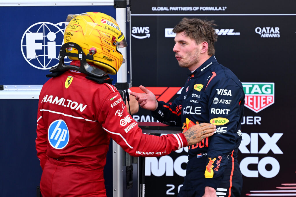 Lewis Hamilton and Max Verstappen speak after qualifying at the 2025 Monaco Grand Prix