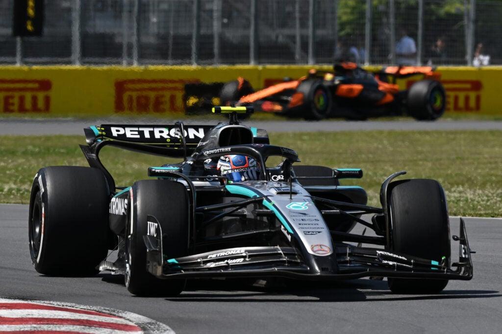 Mercedes driver Andrea Kimi Antonelli leads McLaren's Oscar Piastri on track during the 2025 F1 Canadian Grand Prix