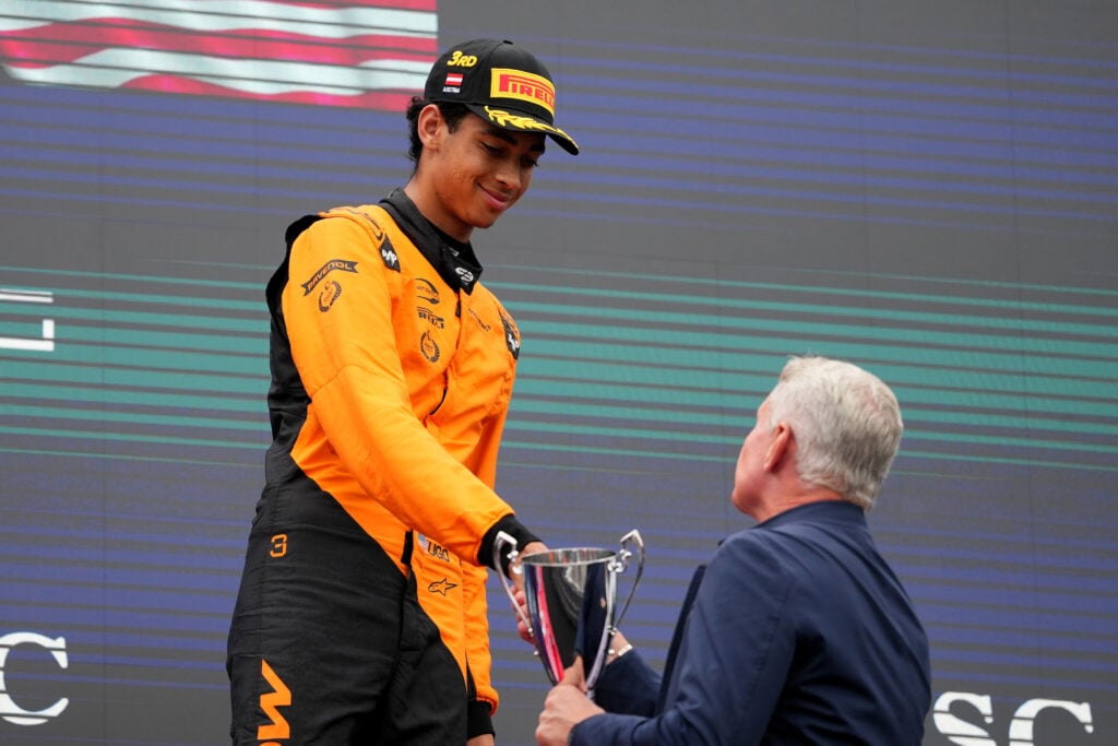Ugo Ugochukwu on the podium at the 2025 Formula 3 Austrian Grand Prix