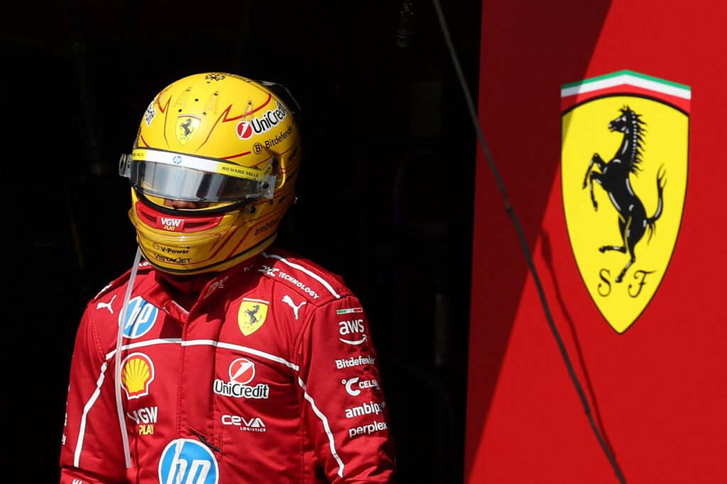 Ferrari driver Lewis Hamilton wearing his helmet leaving the garage at the 2025 Formula 1 Belgian Grand Prix