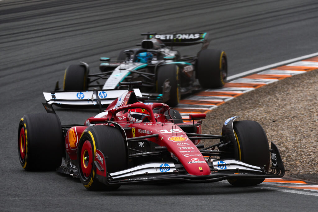 Charles Leclerc leads George Russell during the 2025 Dutch Grand Prix