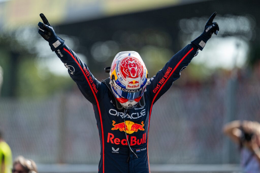 Red Bull driver Max Verstappen celebrating his win at the 2025 Formula 1 Italian Grand Prix