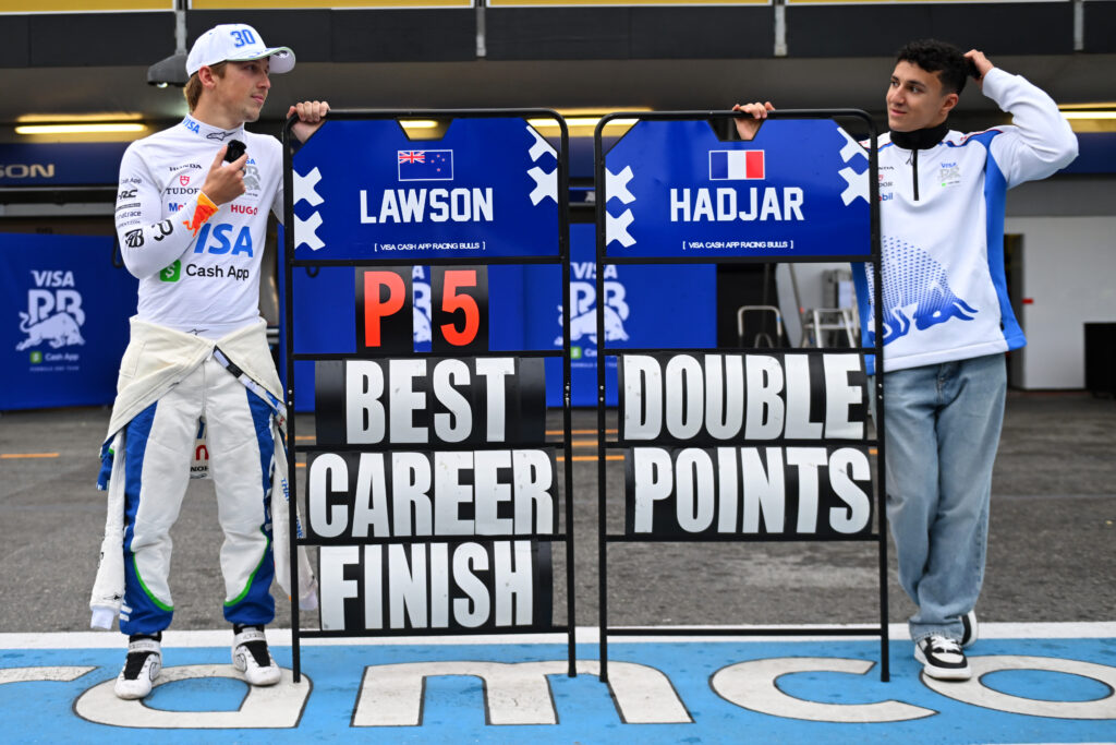 Liam Lawson celebrating his best career finish at the 2025 Formula 1 Azerbaijan Grand Prix