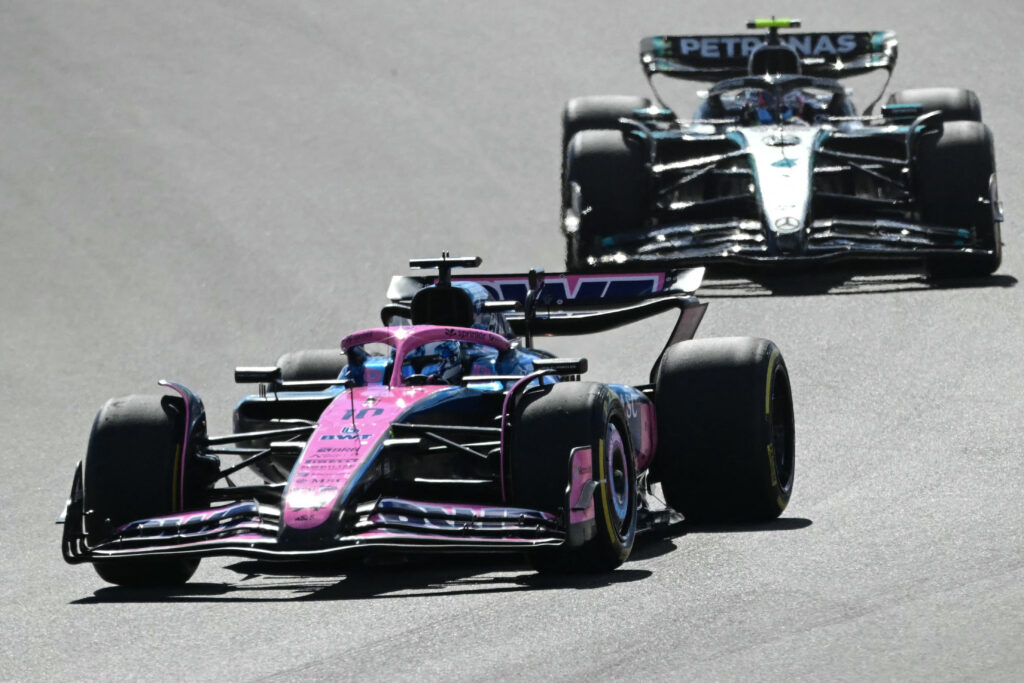 Alpine driver Pierre Gasly leads Mercedes' Kimi Antonelli on track during the F1 Sprint at the 2025 United States Grand Prix