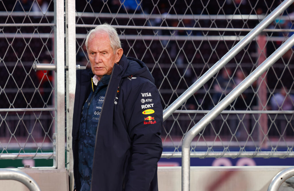 former Red Bull motorsport adviser Helmut Marko watches qualifying for the 2025 F1 Las Vegas Grand Prix from the pit wall