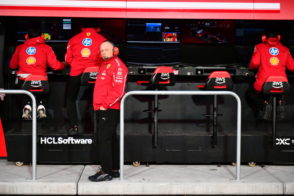 Ferrari team principal Fred Vasseur on the pit wall at the 2025 F1 Las Vegas Grand Prix