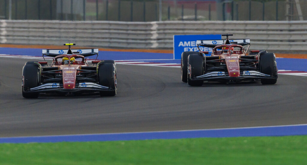 Ferrari drivers Lewis Hamilton and Charles Leclerc on track during practice for the 2025 F1 Qatar Grand Prix